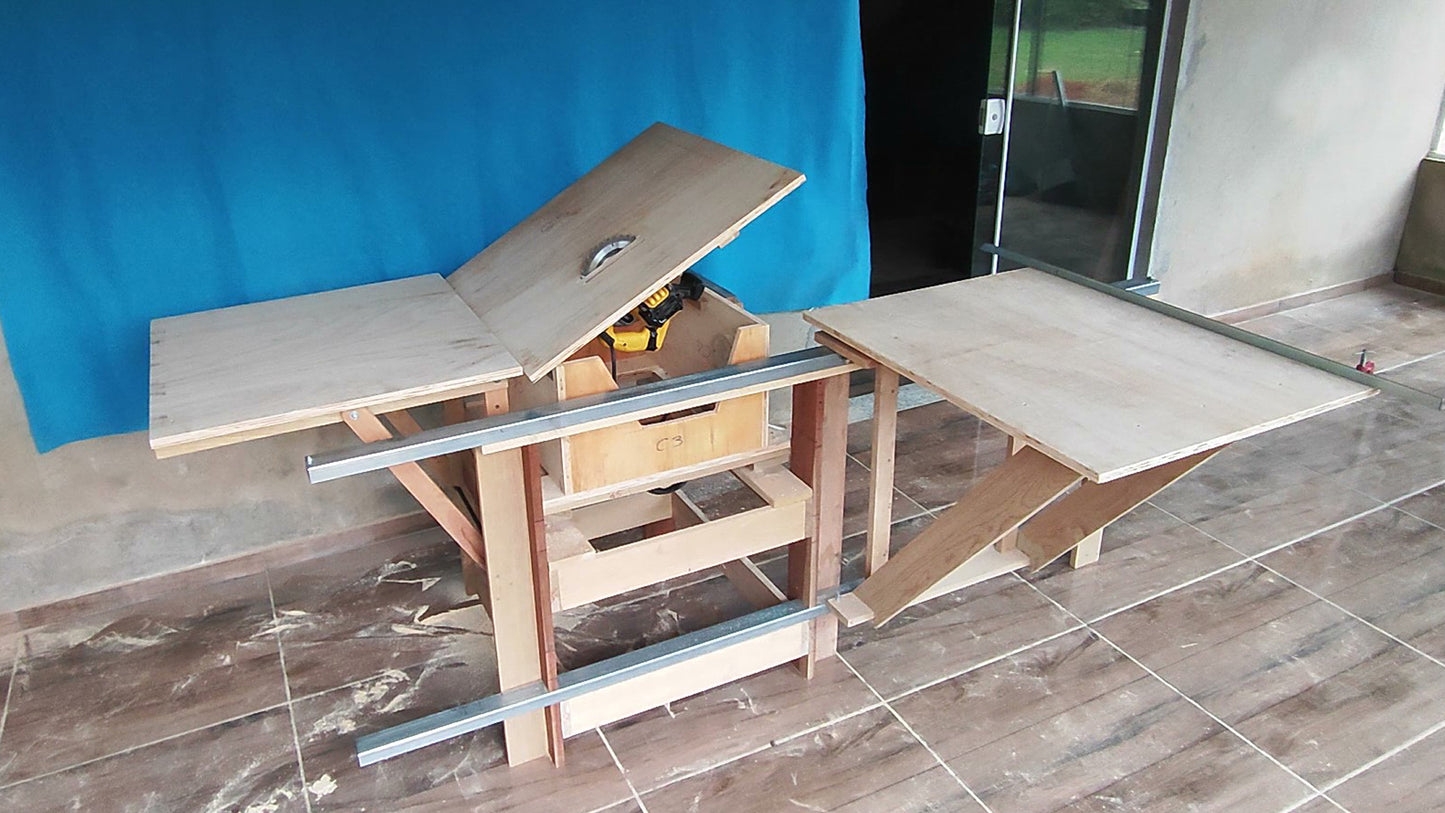 Projeto para esquadrejadeira com serra circular manual 3 com trilhos na vertical